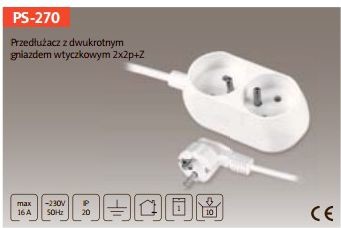 Plastrol Listwa zasilająca Przedł. z dwukrotnym gniazdem wtyczkowym 2x2p+Z, 10A