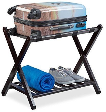 Relaxdays stojaki na walizki na podróż, składany stojak na półkę z drewna bambusowego walizki, wys. x szer. x gł.: 56 x 67,5 x 42,5 cm, brązowy 10021560