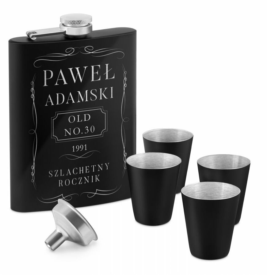 Murrano Piersiówka czarna z 4 kieliszkami i grawerem dla niego na 30 urodziny PIER-BK-031