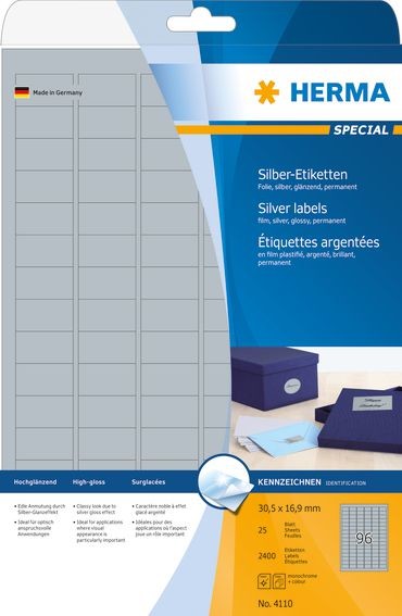 Herma Etiketten A4 silber 30,5x16,9 mm Folie glnz. 2400 St. - 4110