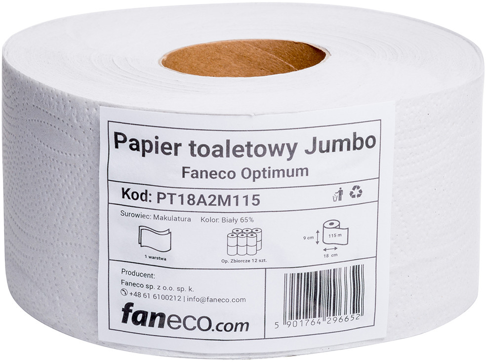 Jumbo Faneco Papier toaletowy Faneco Optimum 12 szt 2 warstwy 115 m średnica 18 cm biały celuloza + makulatura PT18A2CM115