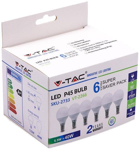 V-TAC Żarówka LED 5.5W E14 Kulka P45 (Opak. 6szt) VT-2266 2700K 470lm