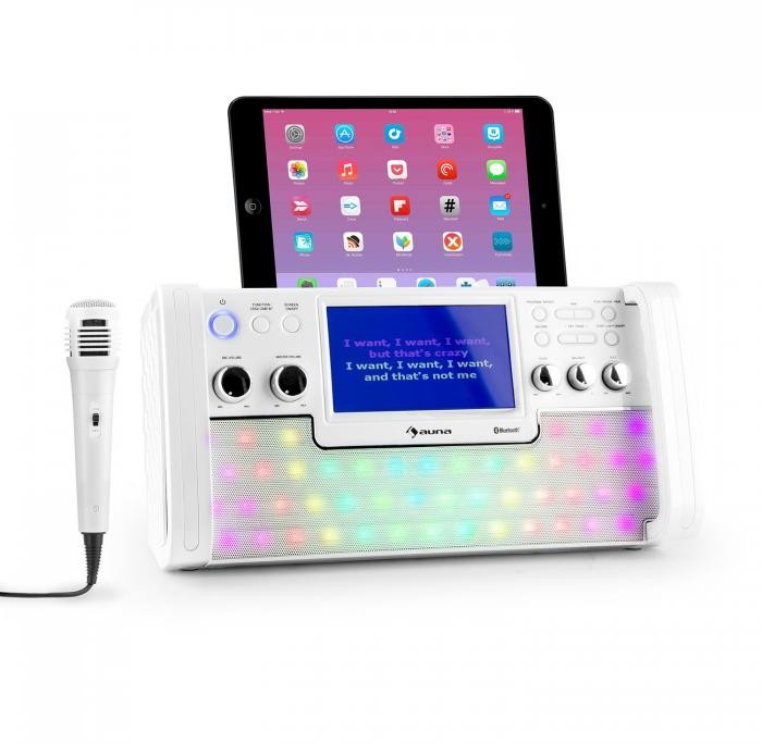 Auna DiscoFever Zestaw karaoke Bluetooth LED Ekran TFT 7 cali CD USB biały KS1-DiscofeverLED WH