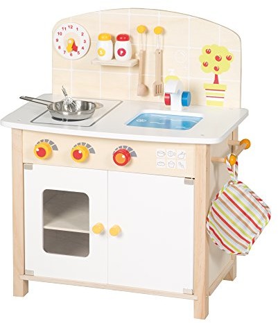 Roba kuchnia do zabawy, drewno kuchnia dziecięca biała/naturalna, zabawkowy element kuchenny z 2 miejscami do gotowania, zlewozmywak, kran i akcesoria