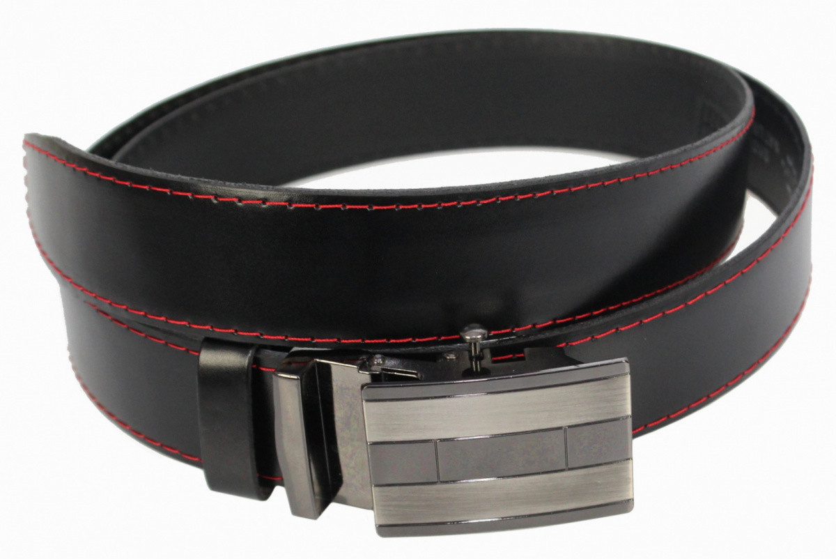 Complex (PL) Wizytowy Pasek Skórzany 35 mm (PL) Pełna Klamra AUTOMAT/ZĄBEK Garnitur CZARNY CZERWONA NITKA Zaokrąglony AZ35/KAZ63