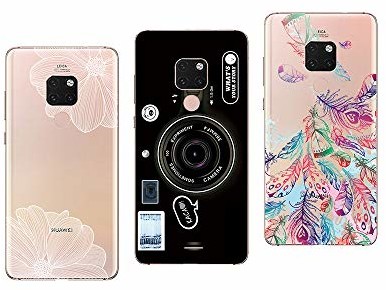 Novago Novago Etui kompatybilne z Huawei Mate 20, miękkie, przezroczyste, wytrzymałe, odporne na uderzenia, z trwałym nadrukiem (3 etui ochronne, wielokolorowe 2) Mate20HBblancCameraPlume2