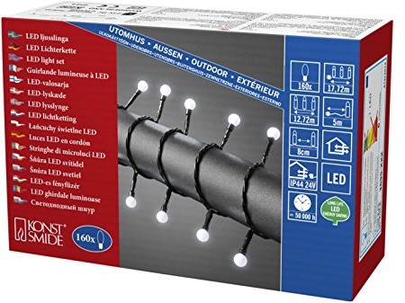 Konstsmide 3695  207 lampa Globe LED łańcuch świetlny z małymi okrągłe diody/na zewnątrz (IP44)/VDE/zewnętrzny transformator 24 V/160 białych zimnych diod/czarny przewód 3695-207