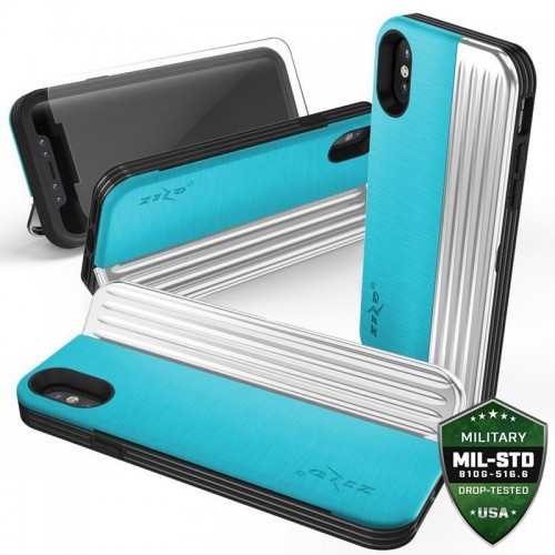 Zizo Retro Series Etui iPhone X z kieszenią na karty + podstawka + szkło 9H na ekran (Baby Blue/Silver) RET-IPH8-BBLSL