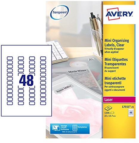 Avery L7553 25 etykiety adresowe 48 Pro arkuszy 22 X 12,7 MM 1200 sztuka przezroczysty L7553-25