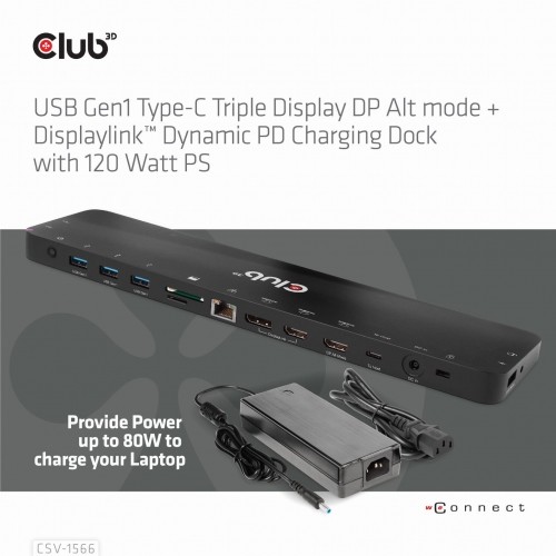 Club 3D Stacja dokująca Club3D CSV-1566 (USB Gen1 Type-C Triple Display DP Alt mode + Displaylink Dynamic PD Charging Dock with 120 Watt PS) 2_406269