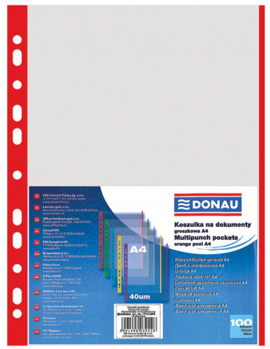 Donau Koszulki na dokumenty , PP, A4, groszkowe, kolorowy brzeg - czerwony, 100sz