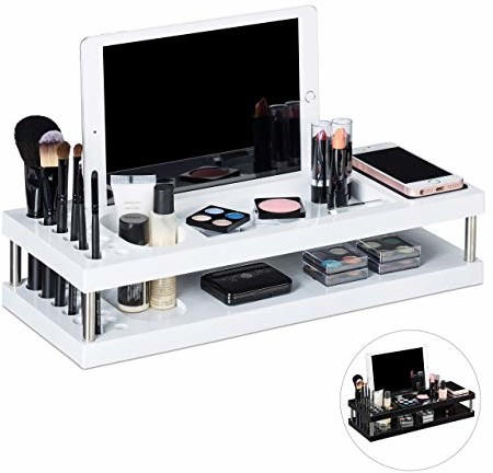 Relaxdays organizer stołowy, organizer na kosmetyki do makijażu z półkami na tablet i smartfon, uchwyt na pędzle, biuro, różne Kolory