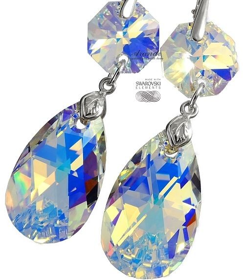 Swarovski piękne długie kolczyki SREBRO 28mm AB