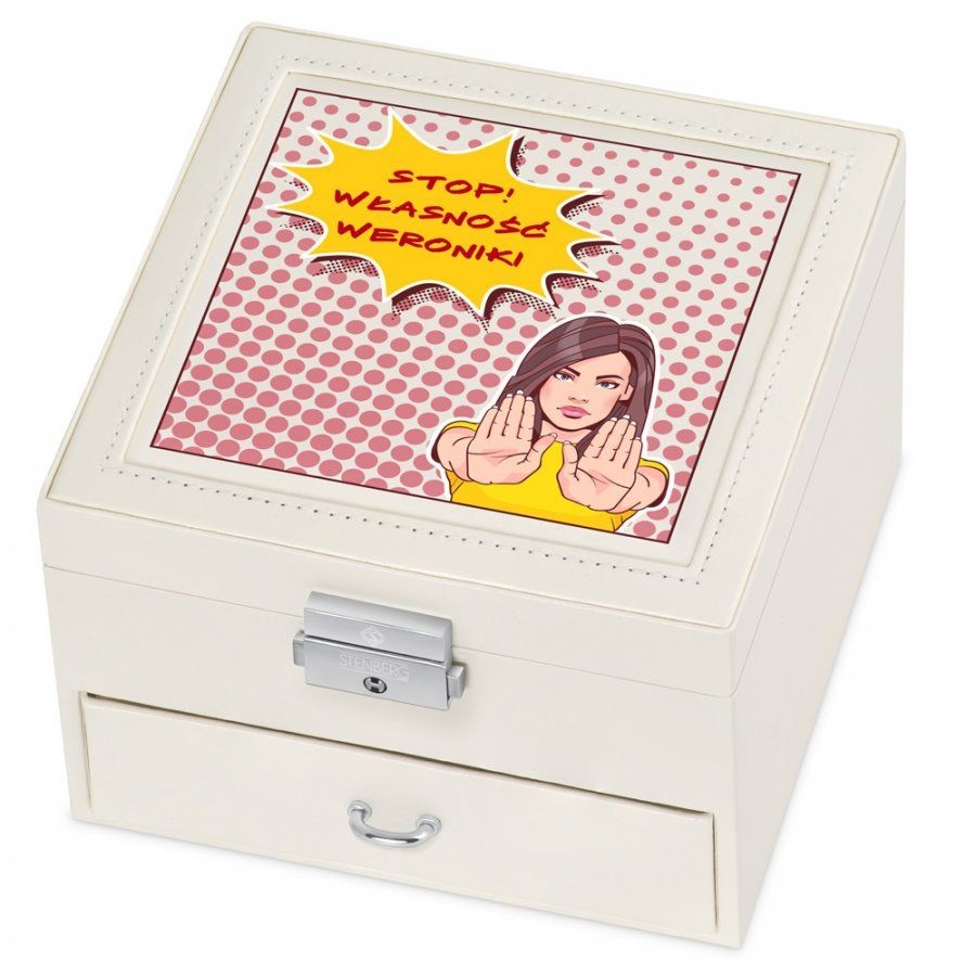 Murrano Szkatułka na Biżuterię Kremowa z Nadrukiem Stop SZKT-BB-033
