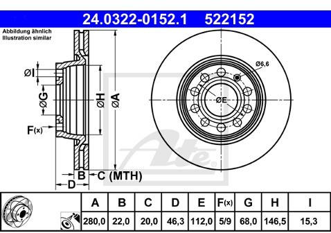 ATE TARCZA HAM POWER DISC 24.0322-0152.1 SEAT EXEO 1.8TSI 10-/ AUDI A4 2.0TFSI 06-08  24.0322-0152.1