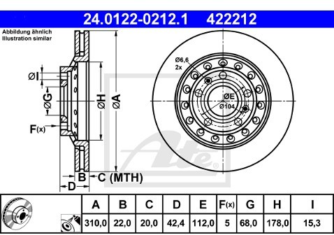 ATE TARCZA HAM 24.0122-0212.1 AUDI A8 3.0TDI QUATTRO, 4.0TDI QUATTRO 03-/ VW PHAETON 4.2 V8 4-MOTION 03-  24.0122-0212.1