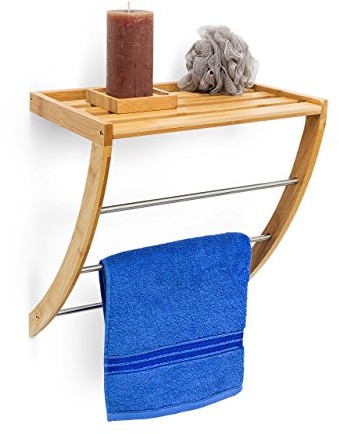Relaxdays uchwyt ścienny na ręczniki, bambusowy, z 3 drążkami z metalu chromowanego, wymiary: wys. 40 × szer. 38 × dł. 24,5 cm , do łazienki, z drewna odpornego na wilgoć, kolor naturalny 10019188