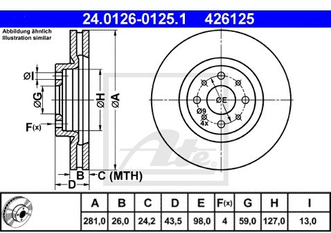 ATE TARCZA HAM 24.0126-0125.1 ALFA MITO 1.6JTDM 08-/ FIAT BRAVO 1.9D MJ 07-, STILO 1.9D MJ 05-  24.0126-0125.1