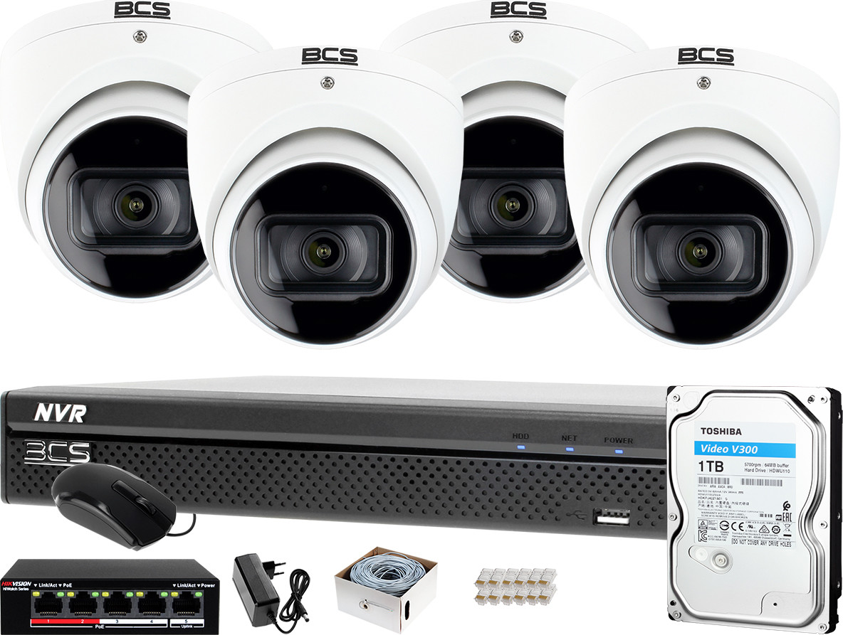 BCS Zestaw monitoringu do samodzielnego montażu Rejestrator NVR0801X5ME-II + 4x Kamera Starlight DMIP1401IR-E-V + 1TB System IP ZM14077
