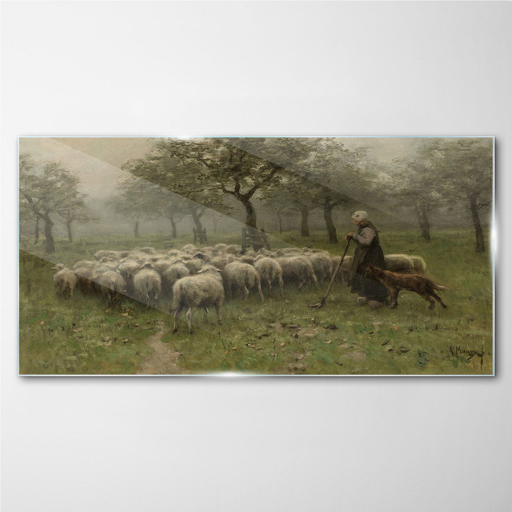 PL Coloray Obraz na Szkle wieśniak drzewa owce pasterz 100x50cm
