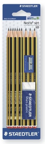 Staedtler ołówki Noris, HB, z łbem sześciokątnym, zestaw z 10 niezwykle odporną na pęknięcia ołowiu z podkładką, 1 temperówka, 1 gumka do mazania, wysoka jakość Made in Germany, 120s1bk10d Premium 120S1BK10D