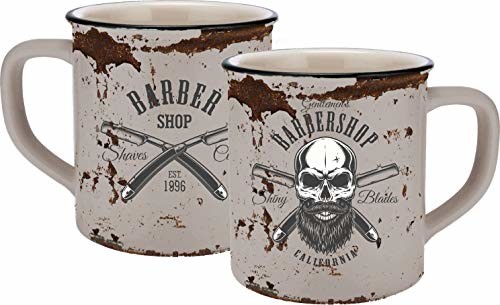 infinite by GEDA LABELS (INFKH) 13658 kubek z czaszką barber skull emaliowany wygląd, kubek ceramiczny, filiżanka do kawy, ceramika, beż