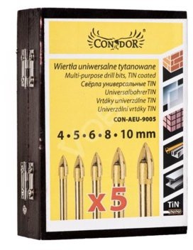 CONDOR Zestaw wierteł uniwersalne tytanowe do aluminium,do cegły,do drewna,do metalu,do szkła 4mm,5mm,6mm,8mm,10mm 5szt