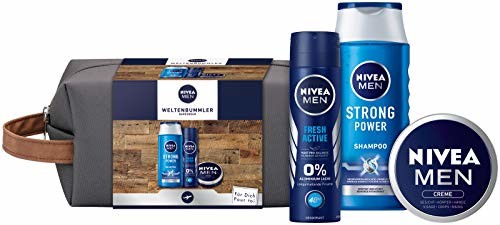 Nivea MEN Weltenbummler zestaw prezentowy, kosmetyczka dla mężczyzn z szamponem, dezodorantem i kremem MEN, zestaw podróżny dla zadbanych mężczyzn