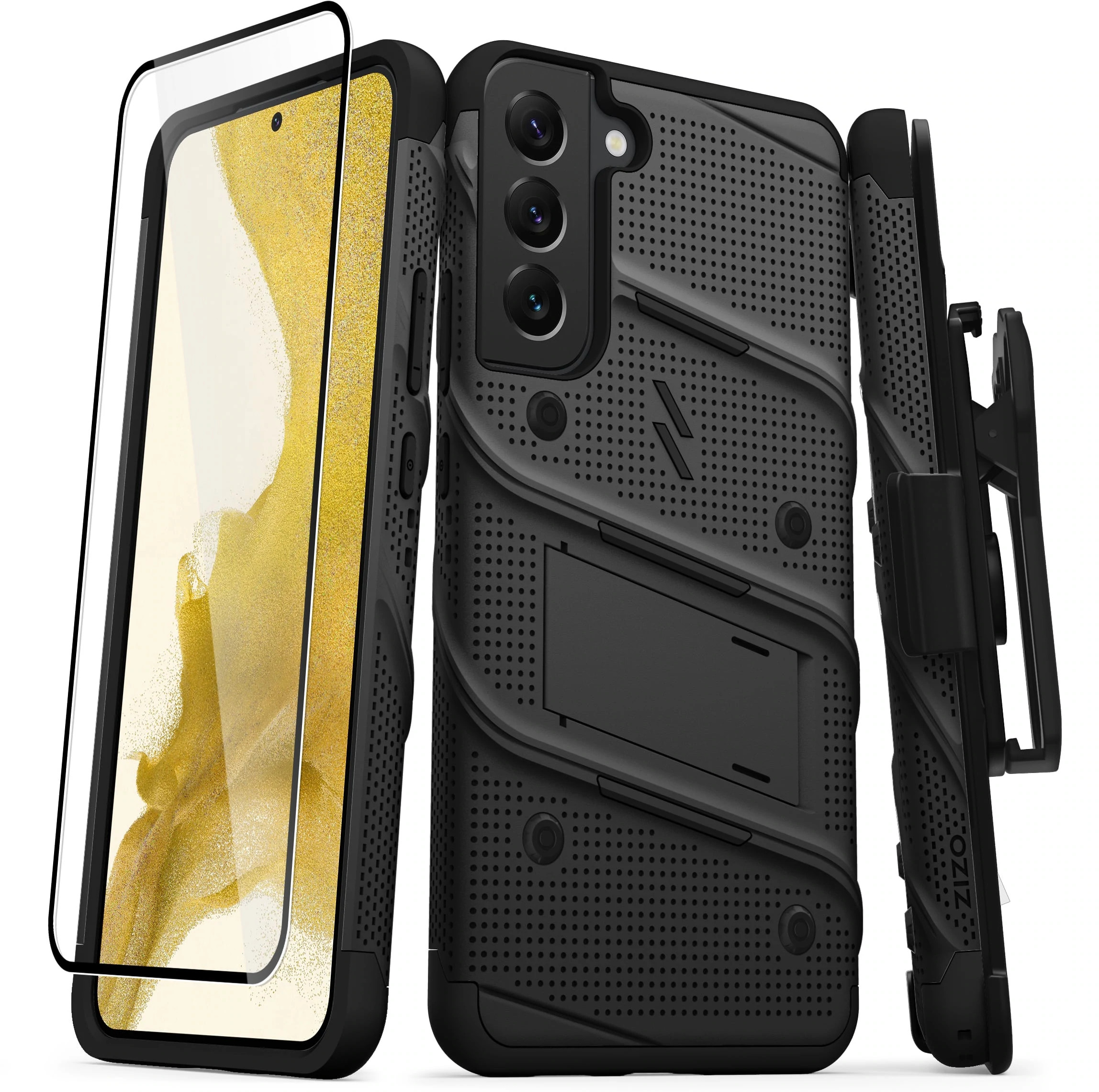 Zizo Bolt Bundle Pancerne Etui do Samsung Galaxy S22+ Plus ze Szkłem na Ekran + Uchwyt z Podstawką (Black & Black) BOLT-SAMGS22PL-BKBK