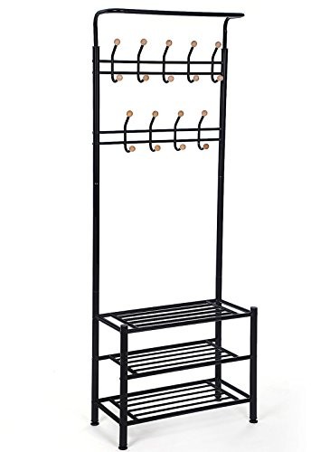 SONGMICS Songmics wieszak stojący na ubrania, wysokość 187 cm, garderoba z 3 półkami na buty i 18 metalowymi hakami HSR04B