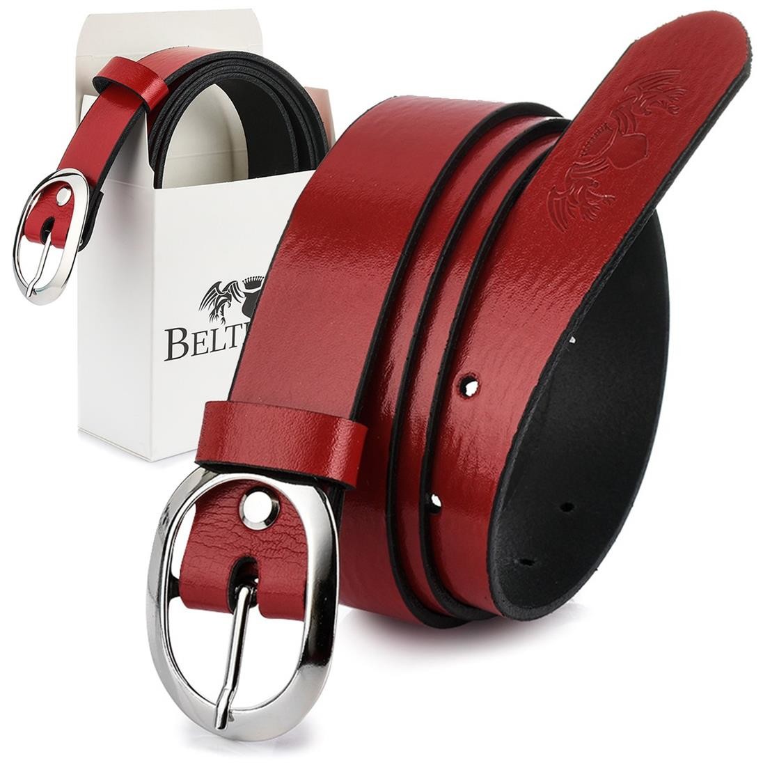 Beltimore Beltimore skórzany damski pasek do spodni 3 cm czerwony U51 : Kolory - czerwony, Rozmiar pasków - r.105-120 cm