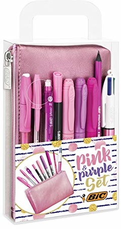 BIC 964280 różowy i purpurowy zestaw (1 piórnik, 2 długopisy, 1 kasowalny wałek żelowy, 1 ołówek z gumką, 1 Fineliner, 3 markery trwałe, 1 ołówek ołówkowy)
