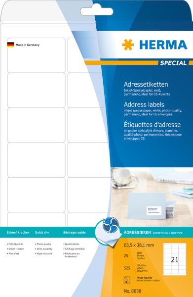 Herma Inkjet Adressetik. A4 wei 63,5x38,1 mm Papier 525 St. - 8838