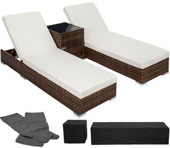 TecTake 2 leżaki z technorattanu + stół + pokrowiec brązowy 401499