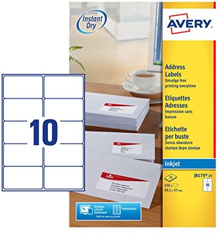 Avery etykiet adresowych przeznaczony do drukarek atramentowych oraz szybkim schnięciem, biały J8173-25