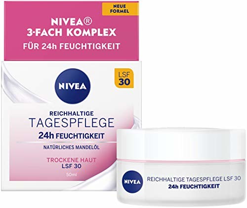 NIVEA Nivea bogaty w składniki odżywcze do pielęgnacji dziennej, LSF 30 (50 ml), krem do twarzy do suchej i wrażliwej skóry, krem na dzień z naturalnym olejkiem migdałowym i ekstraktem magnolia