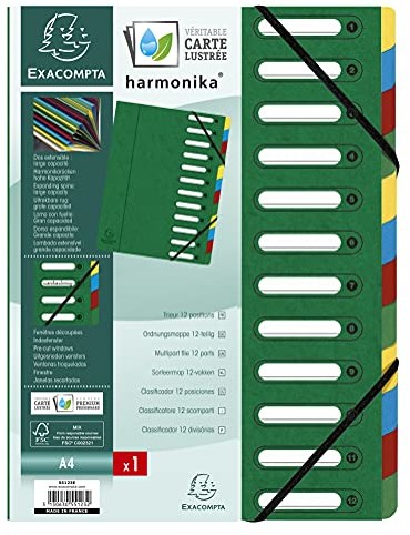 Exacompta Exacompta 55123E teczka na dokumenty (Harmonia, DIN A4, 21 x 29,7 cm, 12 przegródek, z kartonu Manila, gumowy ściągacz, okienko indeksujące) 1 sztuka zielona 55123E