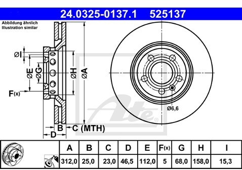ATE TARCZA HAM POWER DISC 24.0325-0137.1 SEAT 1.8TSI 10-/ AUDI A4 2.0TFSI 06-08/ SKODA SUPERB 2.0TDI 05-08  24.0325-0137.1