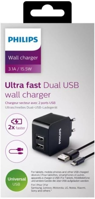 Philips Podwójna ładowarka 5V/3.1A 15.5W micro USB (z kablem micro USB) Phil-DLP2307U/12