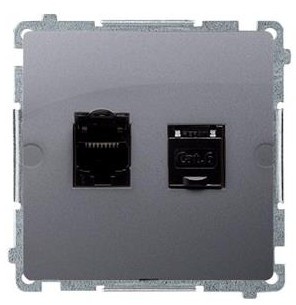 Kontakt Simon Kontakt_Simon Gniazdo komputerowe RJ45. kategoria 6. podwójne ekranowane z przesłoną przeciwkurzową (moduł). Montaż na łapki lub wkręty srebrny mat BM62E.01/43