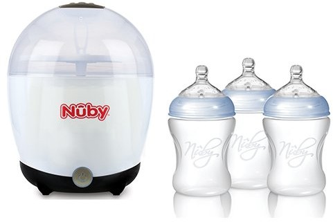 Nuby NTVP39 waporyzator/sterylizator na 5 butelek i akcesoria w zestawie 3 x butelka PP, 240 ml, biały