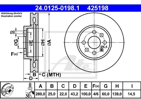ATE TARCZA HAM 24.0125-0198.1 OPEL MERIVA 1.8, 1.6I 16V, 1.8I 16V 03-  24.0125-0198.1