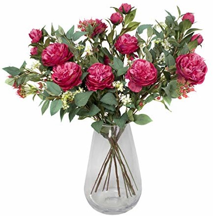Greenbrokers W pełni kwitnący bukiet sztucznych ciemnoróżowych kwiatów z piwoniami, kwiatami, jagodami i zielenią - idealny na wesela, wystrój domu, jako ozdoba biura i na stół F1208