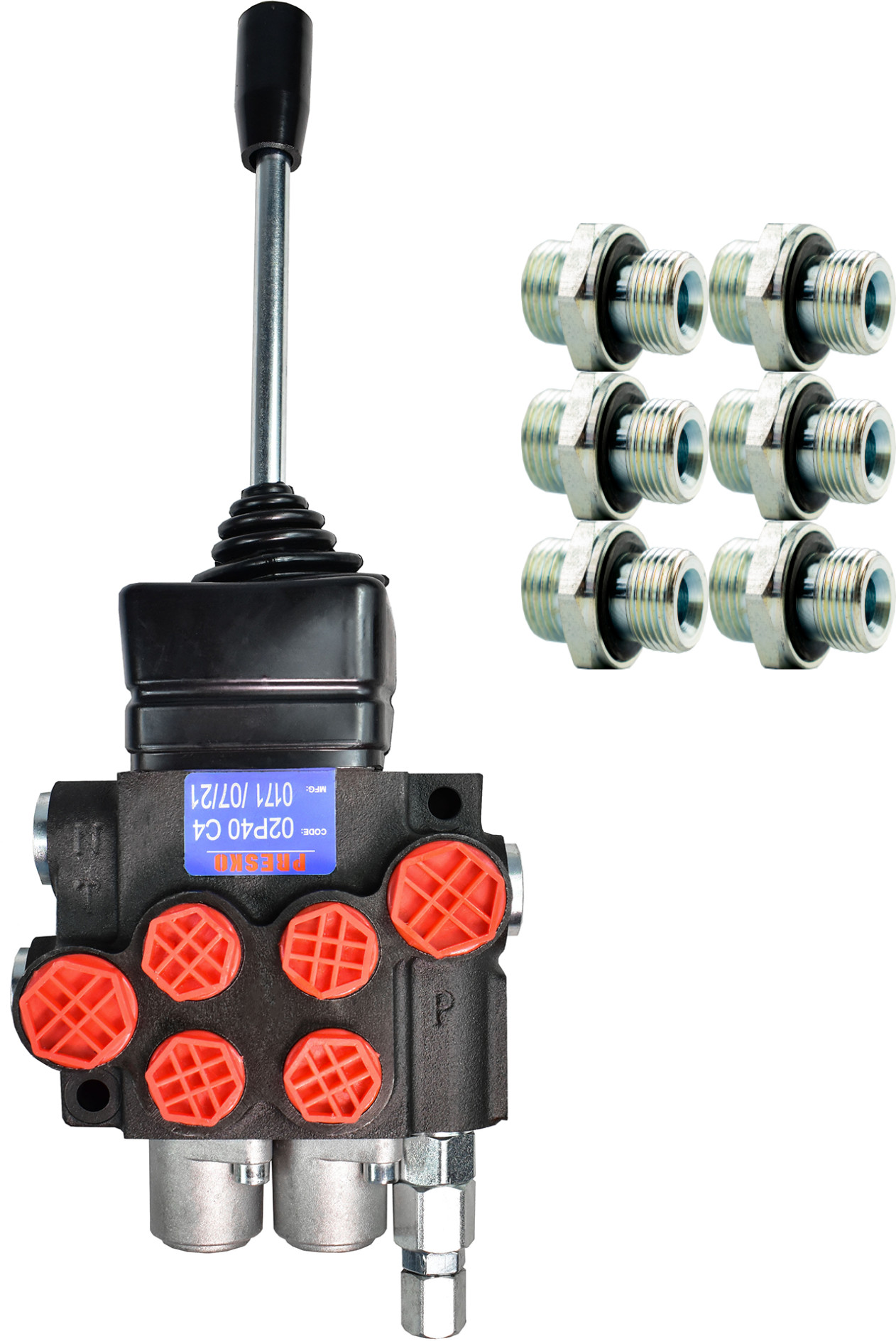 PRESKO Rozdzielacz hydrauliczny PRESKO  2-sekcyjny 40l sterowany joystickiem w zestawie z nyplami 02P40JOY;1CB-18-06WD[4];1CB-22-08WD[2]