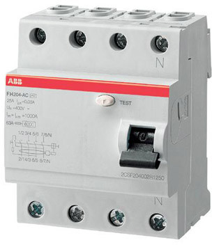 ABB Wyłącznik różnicowo-prądowy serii STANDARD F204-AC-100/0,03; 4-polowy; typ AC; I=100A; In= 30mA 2CSF204001R1900 F204/100/30