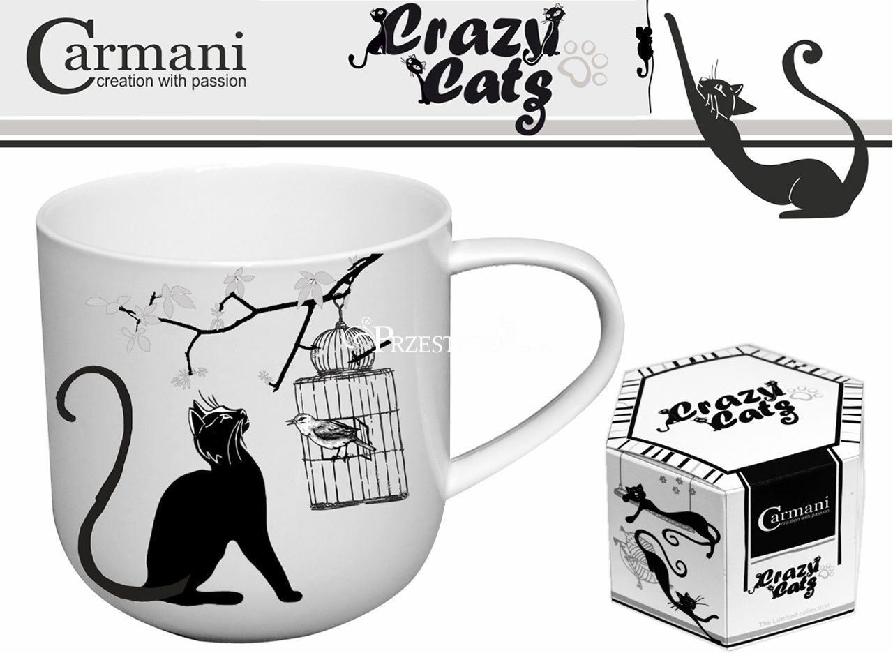 Carmani KUBEK PORCELANOWY Czarny Kot i Ptak w klatce CRAZY CATS