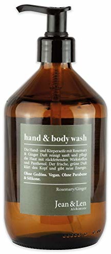 Jean & Len Hand & Body Wash Rosemary & Ginger, 2 w 1, mydło i żel pod prysznic, przyjazna dla środowiska, szklana butelka, wielokrotnego napełniania, 500 ml, 1 sztuka, 2802102200