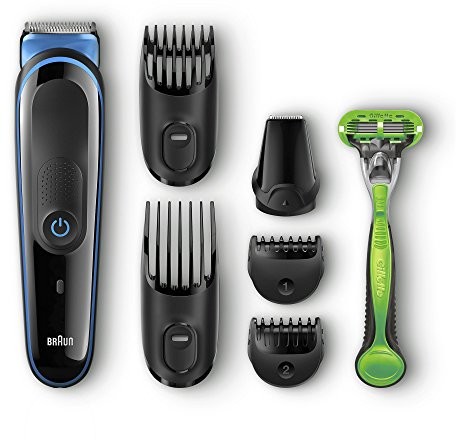 Braun Multigr ooming-zestaw mgk3042, 7-W-1 trymer higieniczny do golarki do brody i włosów, z technologią Gillette Body, czarny/niebieski 4210201221203