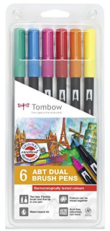 Tombow ABT-6P-3 mazaków Dual Brush Pen z dwoma czubkami zestaw-częściowy testowane dermatologicznie ABT-6P-3