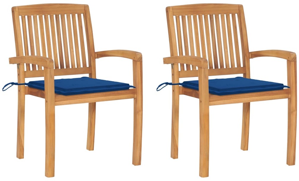 vidaXL Krzesła ogrodowe, 2 szt., niebieskie poduszki, drewno tekowe